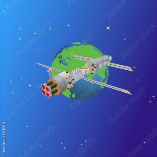 Vector illustration of the cosmic station with solar panels orbiting around the Earth.