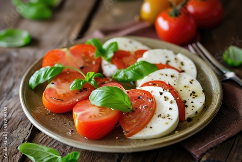 Mediterranean Romance: Caprese Salad with Heart-Shaped Mozzarella, a Culinary Delight Bringing Together the Classic Trio of Fresh Tomatoes, Basil, and Balsamic Vinegar in a Perfect Harmony of Flavors.