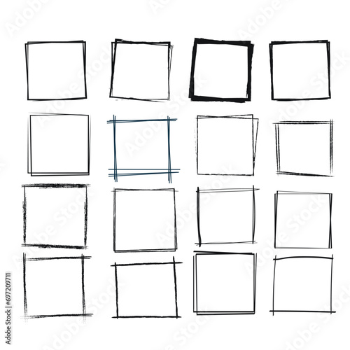 Sketched hand drawn square shapes in different styles borders and photo frames vector set. Doodle frames