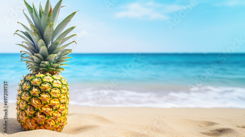 Pineapple fruit on sandy tropical beach with blue sky