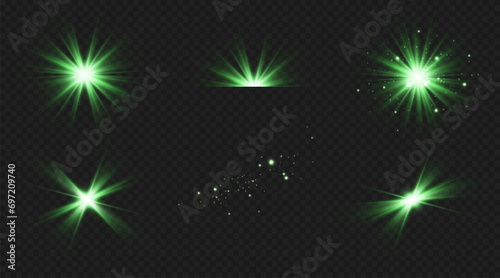 Green star. Bright shine. Twinkling star. Emerald. Firefly.Vector illustration.