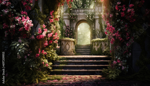 Scenery with stairs and gardens with flowers.