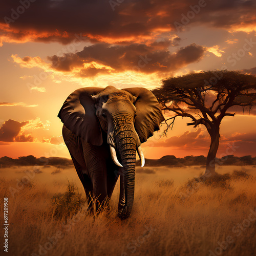 Lone elephant grazing in the golden glow of a savannah sunset. © Cao