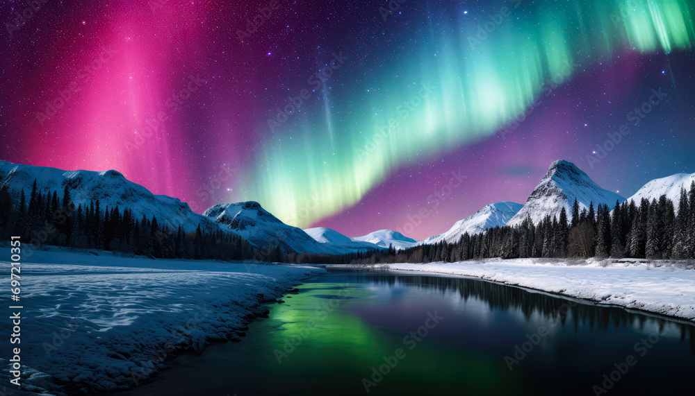 Winter Night Sky with Aurora and Snow-Covered Forest