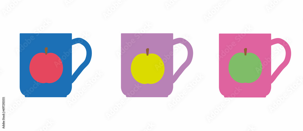 a set of colorful beautiful mugs with an apple pattern, flat illustration isolated on a white background a set of colorful beautiful mugs with an apple pattern, flat illustration isolated on a white background