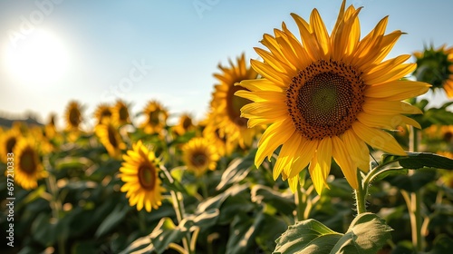 A tranquil vast field of blooming sunflowers, their yellow heads turned towards the sun, with a clear blue sky in the background. generative AI © yj