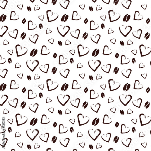 Pattern of falling roasted coffee beans and hearts on a white background. Endless vector illustration for a restaurant or cafe.
