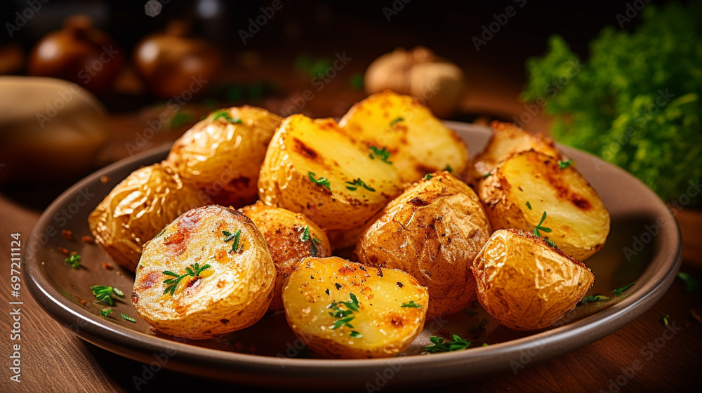 Roasted potato in a frying pan on wooden table. Generative AI Roasted potato in a frying pan on wooden table. Generative AI