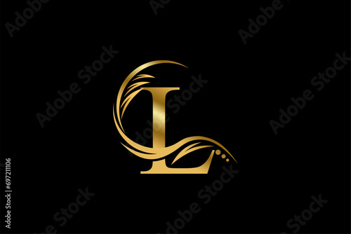 Gold letter L logo design with beautiful leaf, flower and feather ornaments. initial letter L. monogram L flourish. suitable for logos for boutiques, businesses, companies, beauty, offices, spas, etc photo