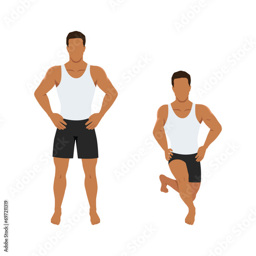 Man doing cross back lunges exercise. Flat vector illustration isolated on white background