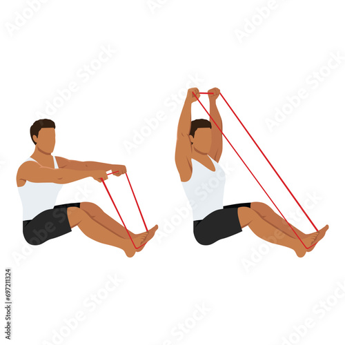 Man doing banded or resistance band seated overhead pull exercise. Flat vector illustration isolated on white background