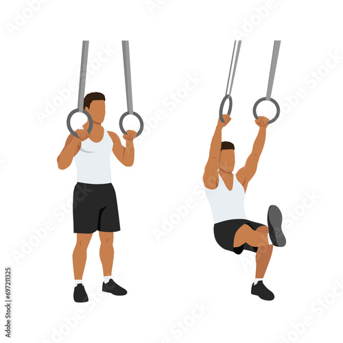 Man doing ring supported pistol squat exercise. Flat vector illustration isolated on white background