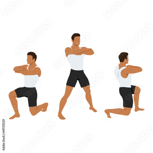 Man doing 90 degree turning lunge or rotation lunges exercise. Flat vector illustration isolated on white background