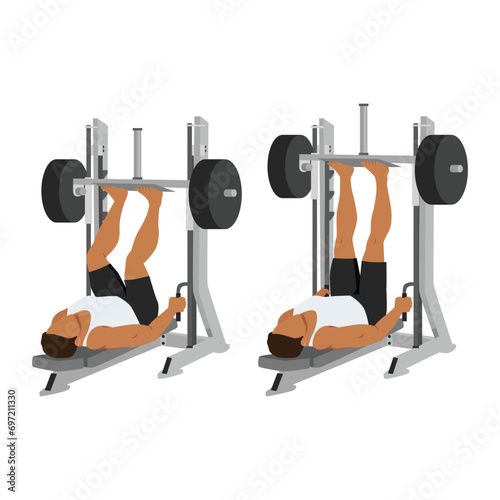 Man doing smith machine leg press exercise or reverse squat. Lying leg press exercise. Flat vector illustration isolated on white background