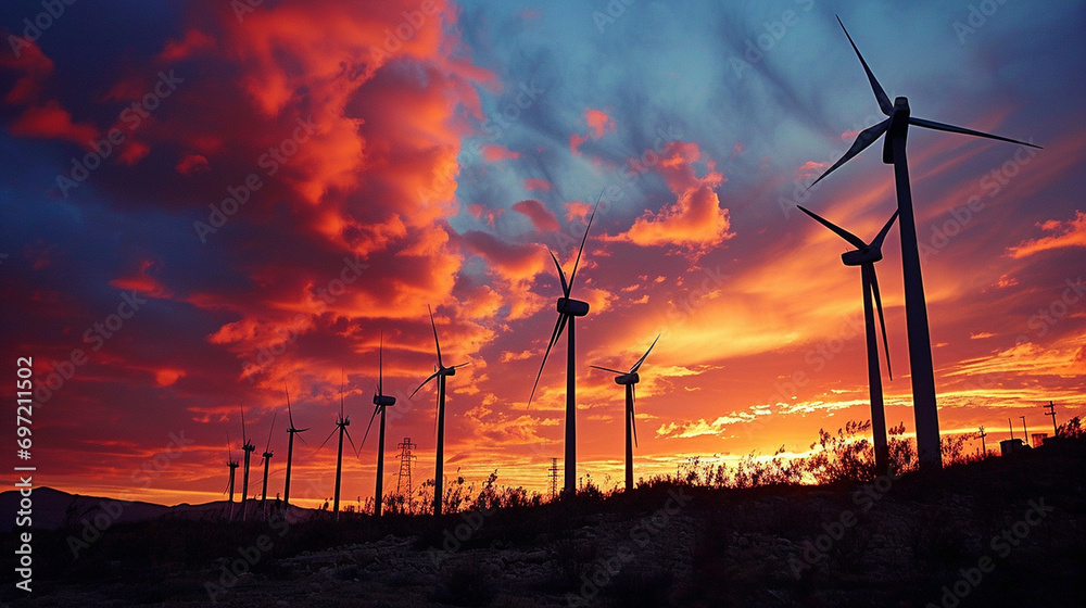 Obraz premium Clean Energy Horizon: Wind turbines standing majestically against a vibrant sunset, symbolizing the transition to clean and renewable energy sources