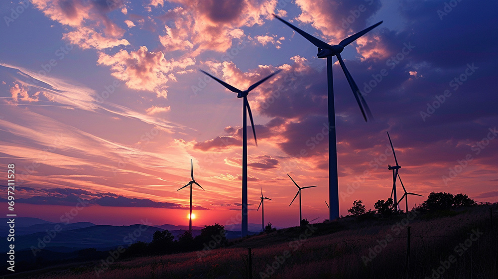 Obraz premium Clean Energy Horizon: Wind turbines standing majestically against a vibrant sunset, symbolizing the transition to clean and renewable energy sources
