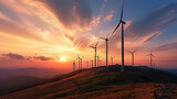 Clean Energy Horizon:  Wind turbines standing majestically against a vibrant sunset, symbolizing the transition to clean and renewable energy sources