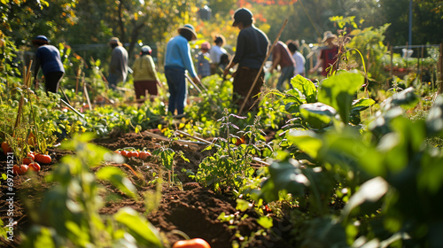 Community Garden Gathering:  A community garden where people come together to grow fresh produce, fostering a sense of local sustainability and environmental stewardship photo