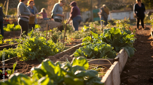 Community Garden Gathering:  A community garden where people come together to grow fresh produce, fostering a sense of local sustainability and environmental stewardship