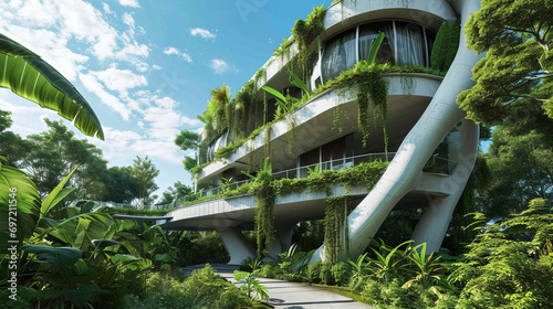 Sustainable Architecture: A modern eco-friendly building surrounded by lush greenery, demonstrating the harmonious integration of architecture and nature