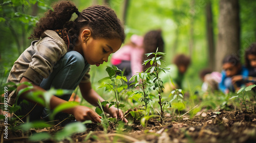 Conservation Classroom:  Children engaged in an outdoor environmental education class, fostering a love for nature and instilling a sense of responsibility for the planet photo