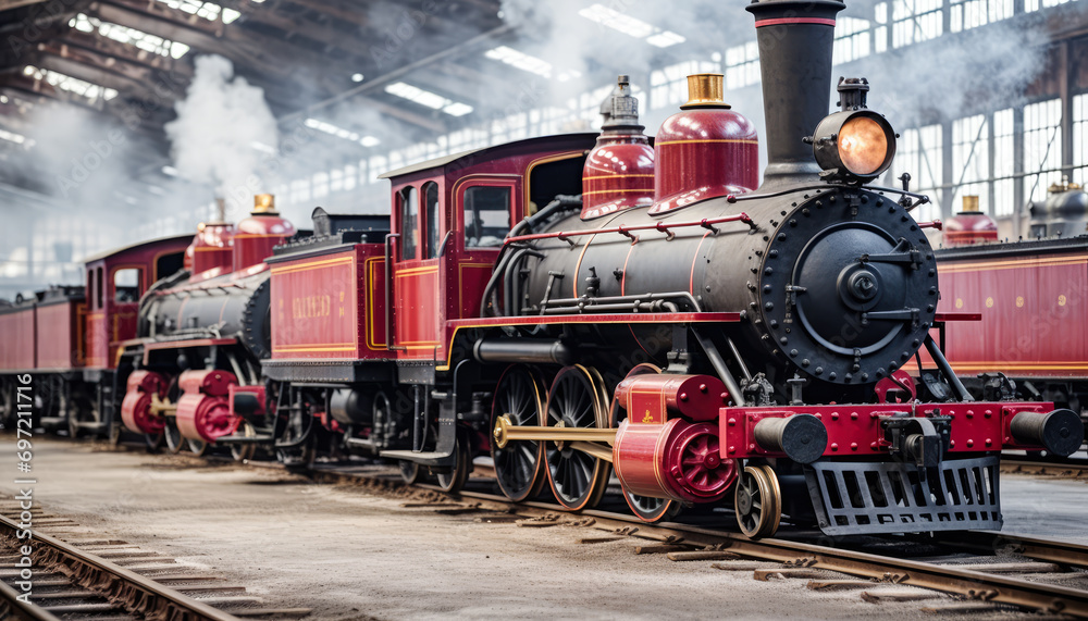 Naklejka premium Steam Train on Railway Track old engine of Transportation and Public Transportation
