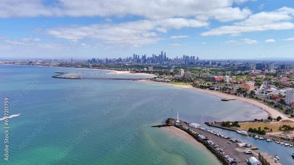 Melbourne, Australia: Aerial view of skyscraper skyline of Melbourne central business district (CBD) in capital city of Victoria and St Kilda beach Melbourne, Australia: Aerial view of skyscraper skyline of Melbourne central business district (CBD) in capital city of Victoria and St Kilda beach