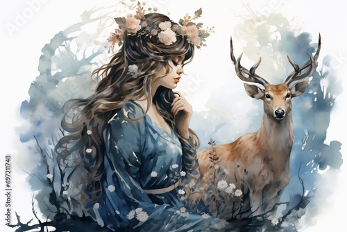 Artemis with deer, the serene huntress of ancient Greece. Generative AI watercolor illustration. 