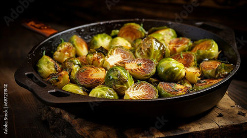 Baked Brussels sprouts with rosemary in a pan. Vega food. Healthly food. Generative AI