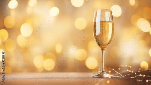 One glass of champagne on the table in a golden light background