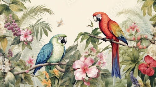 Wallpaper jungle and leaves tropical forest mural parrot birds old drawing vintage background © MSTSANTA