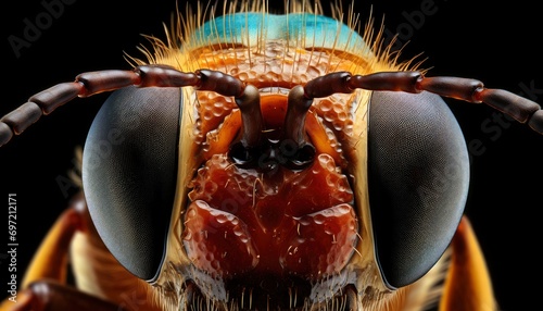 macro of a bee head on a black background © MSTSANTA