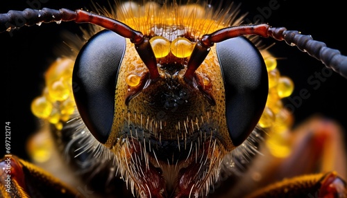 macro of a bee head on a black background