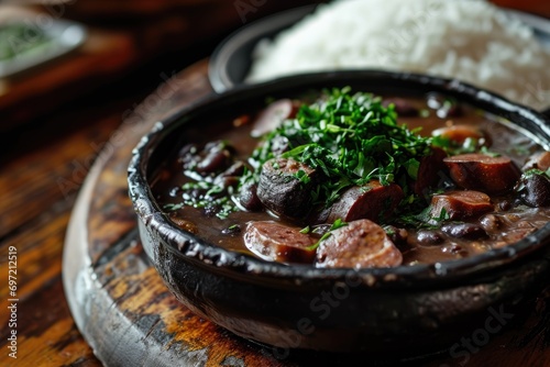 Authentic Portuguese Gastronomy: Feijoada Portuguesa, a Traditional Culinary Masterpiece Featuring a Hearty Stew of Mixed Meats, Including Sausages, Pork, and Black Beans - A Symphony of Flavors.