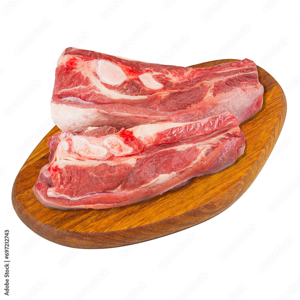 Beef meat, brisket, raw fresh, on a wooden board, on a white background