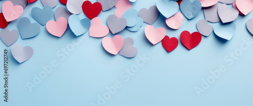 Fondo cian con recortes de corazones de papel de colores variados. photo