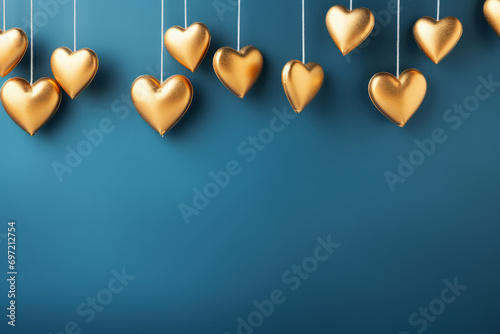Fondo de San Valentín de color azul con corazones dorados decorativos. photo