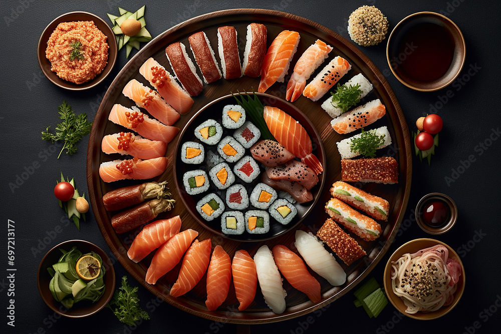 Assorted Sushi on a Wooden Platter, Flat Lay shot, created with Generative AI Assorted Sushi on a Wooden Platter, Flat Lay shot, created with Generative AI