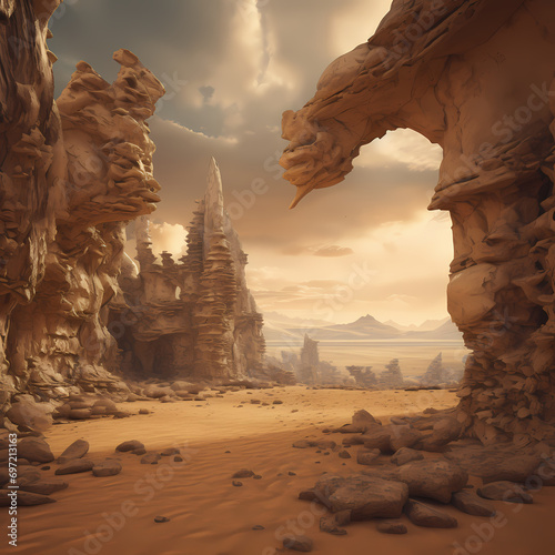 Surreal desert landscape with rock formations resembling ancient ruins.