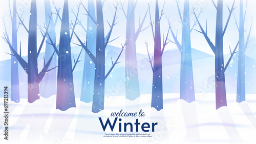 Winter landscape. Flat style landscape illustration. Snowfall, blizzard. Design for banner, wallpaper, background, web, invitation. 