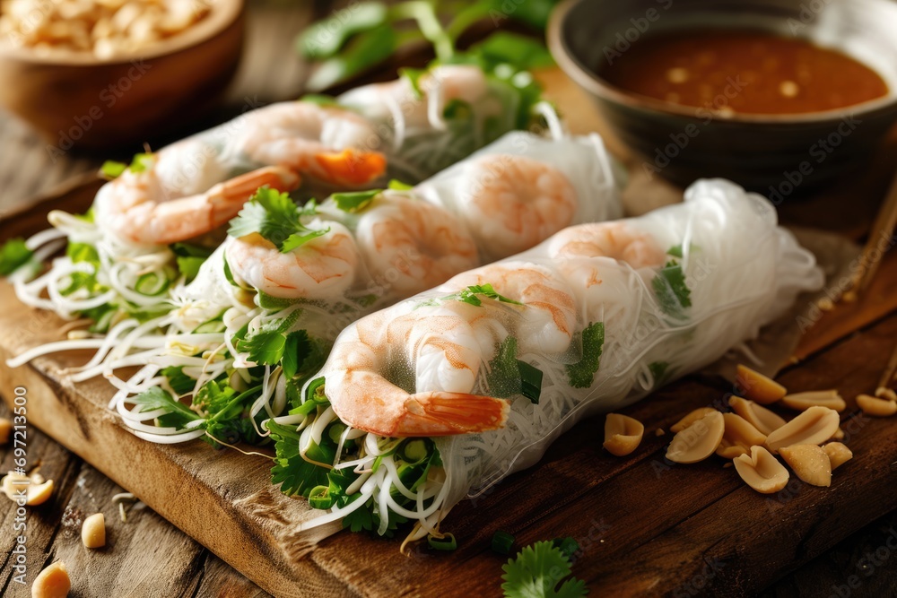 Goi Cuon Delight: Fresh Vietnamese Spring Rolls - A Culinary Symphony of Shrimp, Herbs, and Vermicelli Wrapped in Rice Paper, Perfectly Executing the Art of Authentic Asian Street Food.
Goi Cuon Delight: Fresh Vietnamese Spring Rolls - A Culinary Symphony of Shrimp, Herbs, and Vermicelli Wrapped in Rice Paper, Perfectly Executing the Art of Authentic Asian Street Food.