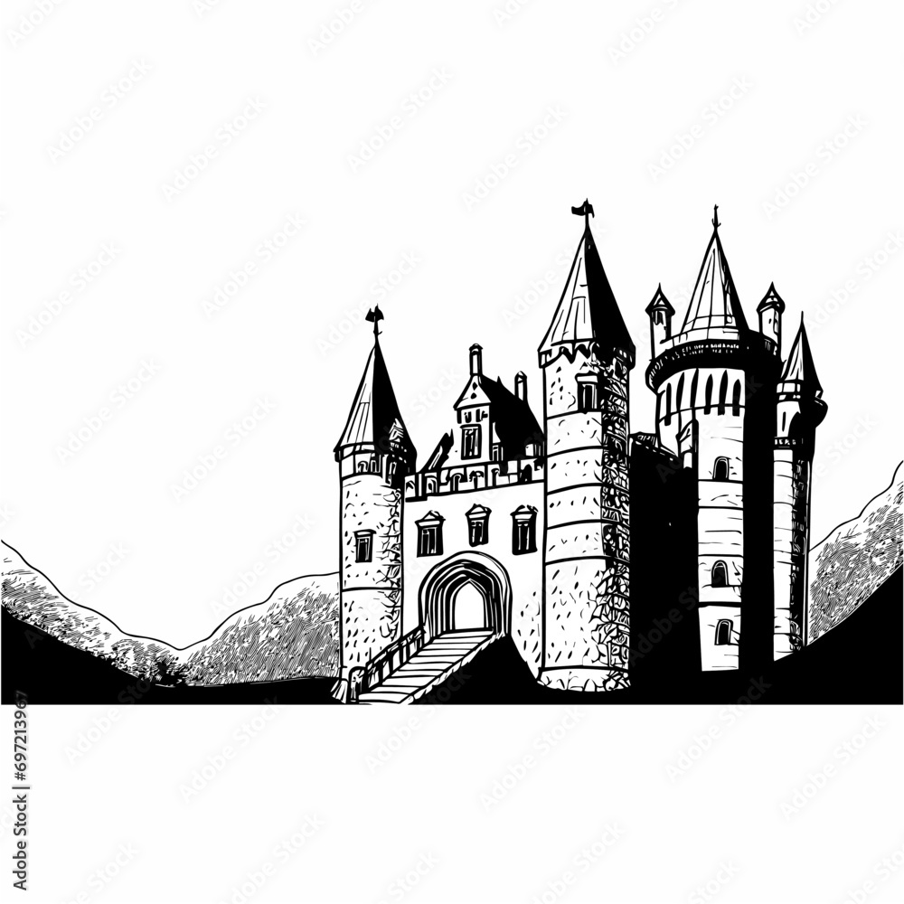 Black and white castle hand drawn illustration 