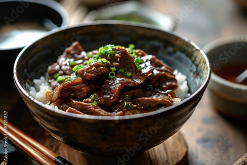 Japanese Culinary Delight: Gyudon, a Delicious Rice Bowl Highlighting Thinly Sliced Beef, Slowly Simmered in a Savory Fusion of Soy Sauce, Mirin, and Dashi, Creating an Irresistible Tapestry of Flavor