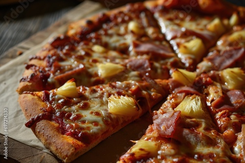 A Taste of Paradise: Hawaiian Pizza, a Culinary Journey of Flavor Unveiling the Perfect Blend of Juicy Pineapple, Smoky Ham, and Molten Mozzarella, All Set on a Divine Oven-Baked Crust.