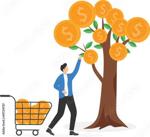 The manager is calculating dividends and his business team is taking gold dollar coins from the money tree. Wealth management concept. 

