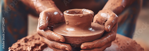 close up view of male potter hands making pot with clay wheel photo
