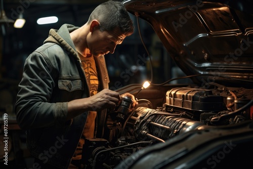 Masterful Repairs Unveiled: Inside a Bustling Auto Repair Shop, a Meticulous Mechanic Skillfully Works on Vehicles, Employing Precision and Expertise for Flawless Automotive Maintenance