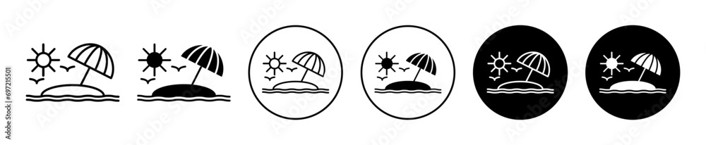 Beach Icon. summer holiday vacation for fun leisure and relaxation activity at sea beach with tropical palm tree and umbrella to get sunlight vector sign. 80s or 90s retro sunset parasol island beach - obrazy, fototapety, plakaty 