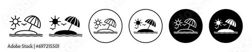 Beach Icon. summer holiday vacation for fun leisure and relaxation activity at sea beach with tropical palm tree and umbrella to get sunlight vector sign. 80s or 90s retro sunset parasol island beach