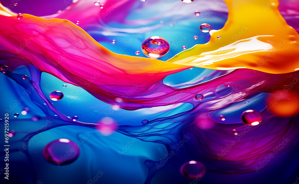 Fototapeta premium Colorful liquid water backdrop background drops bubbles flow fluid digital splash